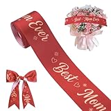 WANDIC Cinta para el día de la madre, 9 m x 5 cm, cinta roja dorada con purpurina con letras Best Mom Ever, cinta de poliéster para manualidades para decoración de ramos de flores y envoltura de