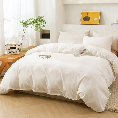 Image of ECOCOTT 100% Washed Cotton Duvet Cover Twin Size - Soft & Breathable Linen Feel Bedding Set, 3 Pieces White Comforter Cover with Zipper Closure for All Seasons