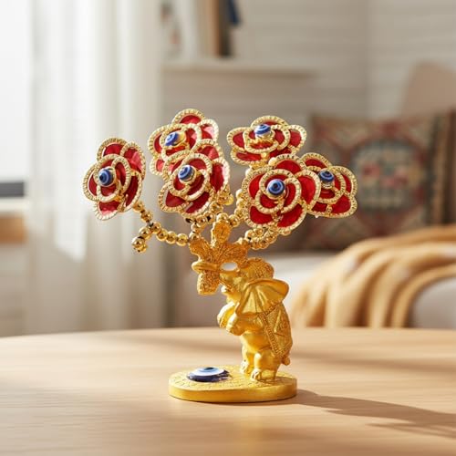 Image of eCraftIndia Tree of Life Bonsai Evil Eye Tree Elephant Statue Feng Shui Showpiece (Gold & Red) Feng Shui Items for Good Luck Positive Energy Vastu Shelf Living Room Home Decor Gift for Housewarming