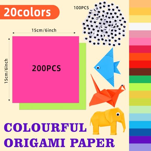 300 Sheets Origami Paper,20Colors,200 Sheets 6 Inch Square Colored Paper for Crafts and 100pcs self-Adhesive Wiggle Eyes Sets,Doubled Sided Color Craft Paper