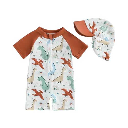 Ayalinggo Toddler Boys Rash Guard Swimsuit Sea World Animal Print Zipper Short Sleeve Bathing Suit with Swim Cap for Kids (Orange Brown, 6-12 Months)