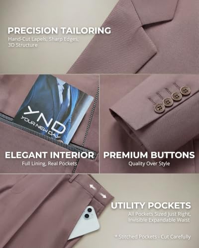Image of YND Men's 3 Piece Suit with Tie, Solid Color Slim Fit Jacket Vest and Pants