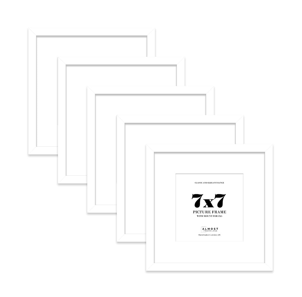 7x7 White Picture Frame with Mount for 5x5 Photos, Prints - Modern Square Wall Frame, Set of 5