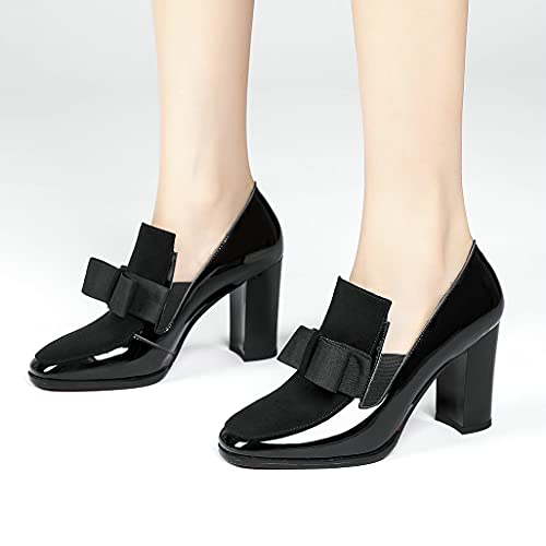 Shinelly Women High Heel Chunky Loafers Patent Leather Pumps with Bow3