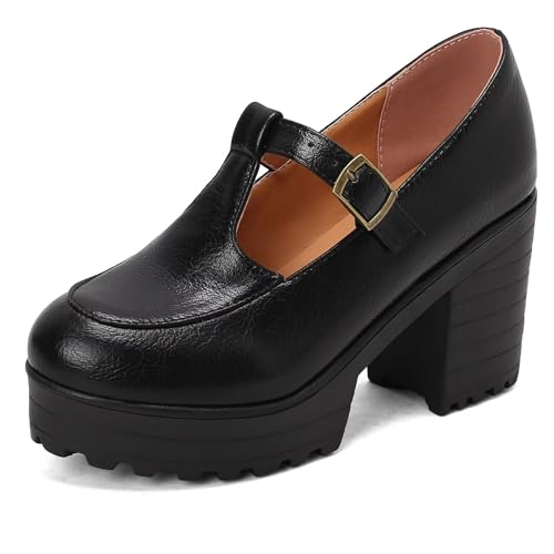 Gicoiz T Strap Mary Jane Chunky Heels Women Classic Round Toe Pumps