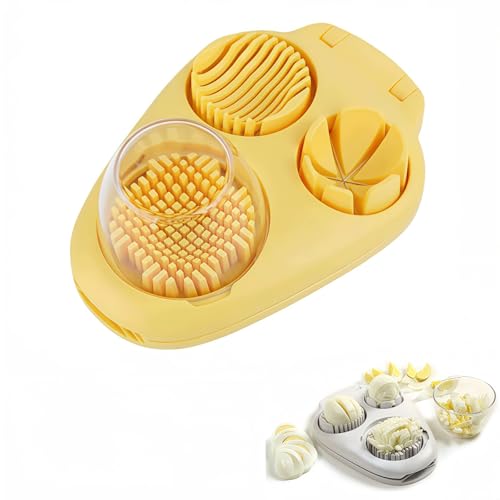 Marwey 3イン1エッグスライサー 固ゆで卵用カッター エッグスライサー ステンレス製 高耐久 ストロベリーマッシュルーム グレープ チェリートマト用 多機能フードカッタースライサー ホームキッチンチョッパーガジェット用 (1個,イエロー) [並行輸入