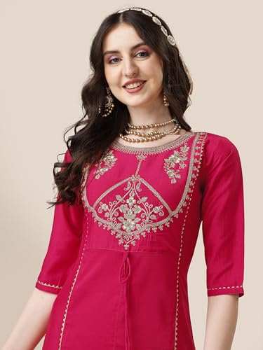 Image of EthnicJunction Women's Chinon Embroidered Straight Front Slit Kurta Palazzo & Organza Dupatta Set | Wedding | Heavy | Outfit | Suit