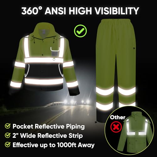 TICONN Hi Vis Rain Jacket and Pants, Waterproof High Visibility Safety Rain Suits, ANSI Class 3 Reflective Rain Gear for Men and Women (Yellow&Black, M)