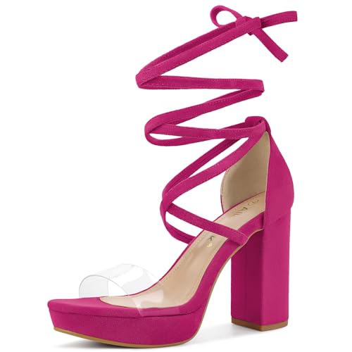 Allegra K Allegra K Women's Clear Platform Lace Up Chunky Heels Hot Pink Sandals 8.5 M US