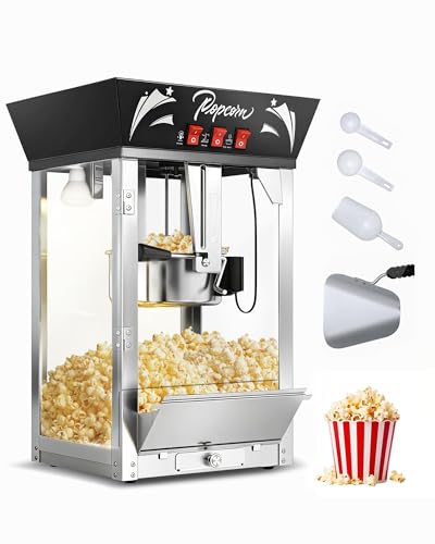 Image of 12 Oz Commercial Popcorn Machine, Movie Theater Popcorn Machine, Black Tabletop Pop corn Machine with 3-Switch Control & Steel Frame Tempered Glass Doors
