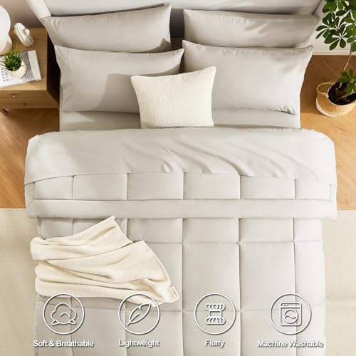 CozyLux Queen Size Comforter Sets - 7 Pieces Bed in a Bag Set Beige, Bedding Sets Queen with All Season Quilted Comforter, Flat Sheet, Fitted Sheet, Pillowcases, Beige, Queen