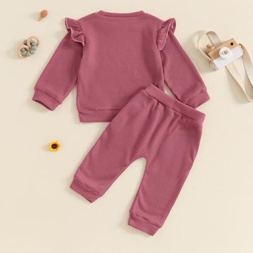 Newborn Baby Girl Fall Winter Waffle Outfit Clothes Ruffle Long Sleeve Mama Mini Sweatshirt Pants Sweatsuits4
