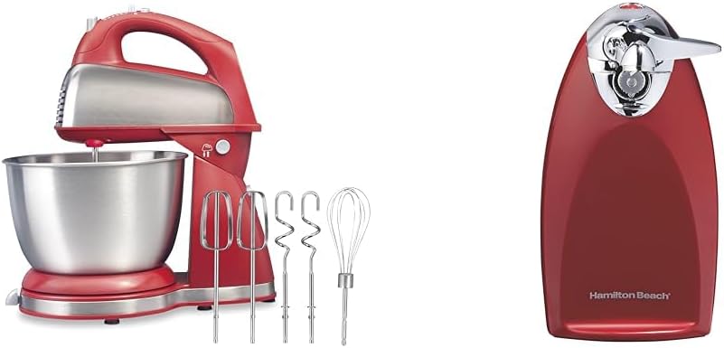 Hamilton Beach Classic Stand and Hand Mixer, 4 Quarts, 6 Speeds with QuickBurst, Bowl Rest, 290 Watts Peak Power, Red (64654) & Electric Automatic Can Opener with Auto Shutoff