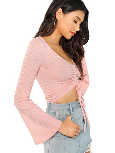 Image of SweatyRocks Women's Adjustable Drawstring String Long Bell Sleeve Rib Knit Sexy Crop Top