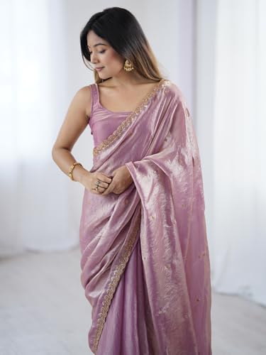 Image of AKHILAM Women's Shimmer Tissue Embroidered Saree With Unstitched Blouse Piece