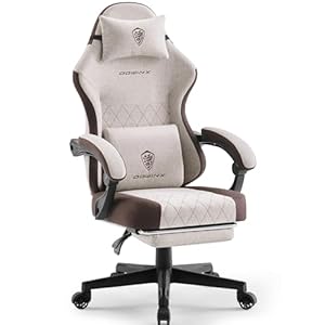 Dowinx Gaming Stuhl Stoff mit Frühling Kissen, Massage Lendenwirbelstütze Bürostuhl mit Fußstütze für Erwachsene, Ergonomischer Gaming Sessel Groß und Hoch für Office Gaming 135KG, Braun