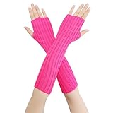 Elerevyo Solid Color Knit Elastic Arm Warmers Fingerless Gloves Elbow Long Knitted Cover for Winter Hot Pink One Size