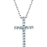 Solid 14k White Gold Aquamarine Cross Crucifix Charm Pendant Chain Necklace 16' (12mm x 8mm)