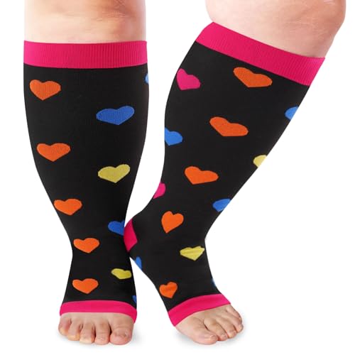 Image of LOUSGUTA Open Toe Plus Size Compression Socks for Women & Men 15-20 mmhg Toeless Wide Calf Compression Support Knee High Socks