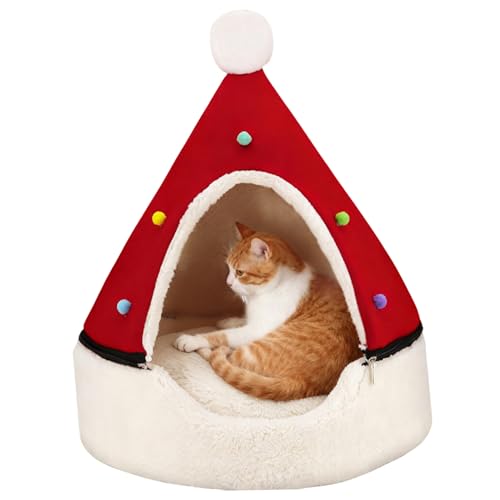 Cadeau de Noël pour chat : panier en forme de sapin confortable et rouge