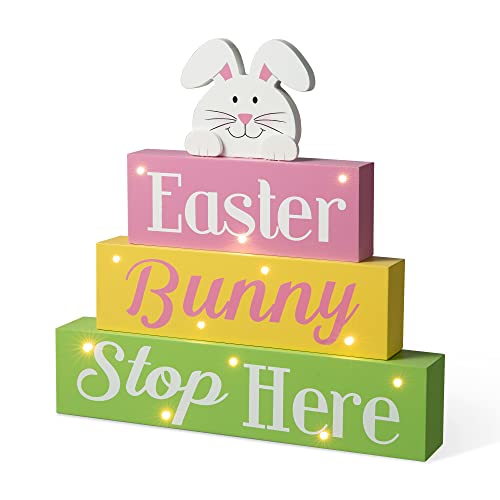 Glitzhome LED Lighted Wooden Easter Block Table Sign Easter Bunny Table Decor with Saying for Spring Easter Party Supplies Props
