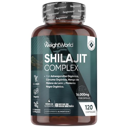 Shilajit Complex - 120 Cápsulas - Con Ashwagandha, Melena de León y Cúrcuma - 16000mg de Extracto de Shilajit (40:1) por Cápsula - 4 Meses de Suministro - Apto para Veganos, sin OGM