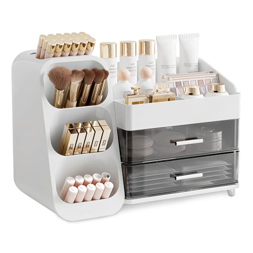 Euablfo Organisateur de maquillage, organisateur de coiffeuse, avec tiroirs, boîte de rangement 3 en 1, grande pour maquillage, maquillage, cosmétiques,...