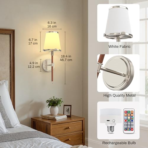 Image of DORESshop Battery Operated Wall Sconce Set of 2, Wireless Wall Light Easy to Install, 7 Color Rechargeable Wall Sconces, Sconce Wall Decor Set of 2 for Bedroom, Living Room, Chrome and Leather, 18.7in