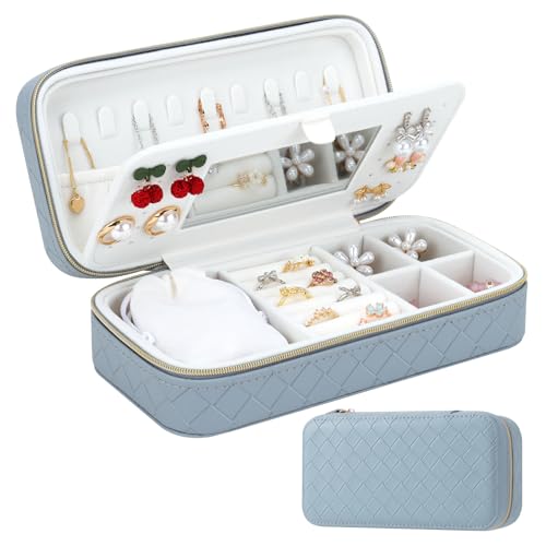 DesignSter Portagioie da Viaggio con Specchio, Piccolo Scatola Portagioie da Viaggio Portatile per Donna, Porta Gioielli in PU Motivo intrecciato per Anelli, Orecchini, Collane, Blu