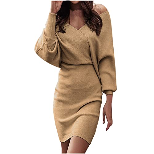 Womens Elegant V Neck Wrap Sweater Dresses Sexy Off Shoulder Batwing Sleeve Lace Trim Backless Bodycon Mini Knit Dress Khaki #TOP29