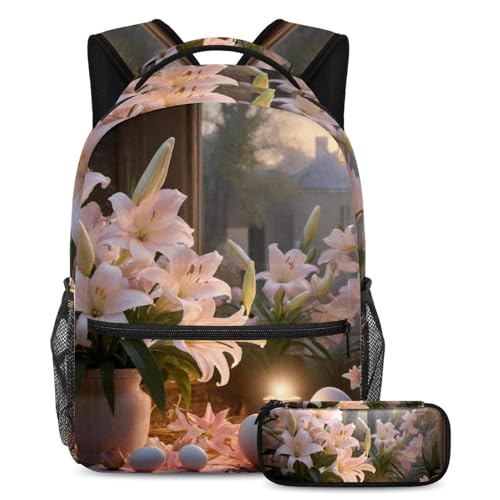 Ensemble cartable sac à dos et trousse œufs de Pâques roses pour ados