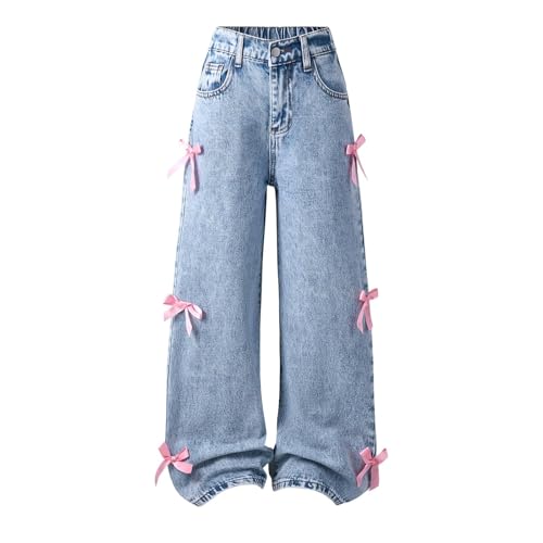 Girls Bow Jeans Wide Leg Baggy Denim Pants High Waisted Trousers Casual Cute Y2K Streetwear with Pockets 6-14 Y2