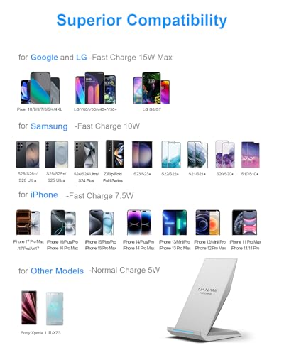 Image of Fast Wireless Charger, NANAMI Wireless Charging Stand Compatible iPhone 17 /17 Air /17 Pro /16 /16 Plus /15 /14 /13 /12, Desktop Charger Dock Phone Charging Stand for Samsung Galaxy S26 /S25 /S24 /S23 /S22 /S21