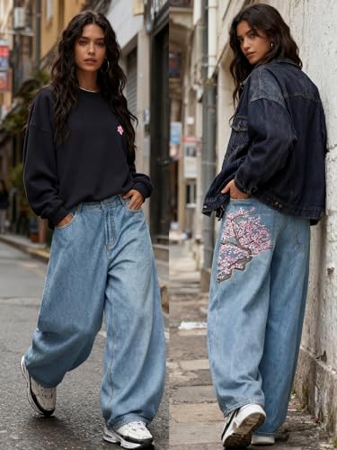 Image of EMMIOL Women Hip Hop 90s Vintage Baggy Jeans Denim Pants Mid Waist Jeans