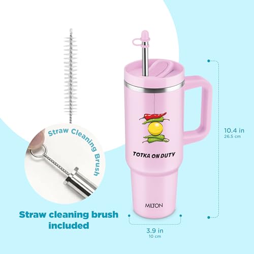 Image of MILTON Malmo 1200 Thermosteel Double Wall Vacuum Insulated Stainless Steel Tumbler with Handle 1100ml, Travel Mug with Straw,Silicon Cap,Cleaning Brush,Hot & Cold Beverage Flask,Totka Pink