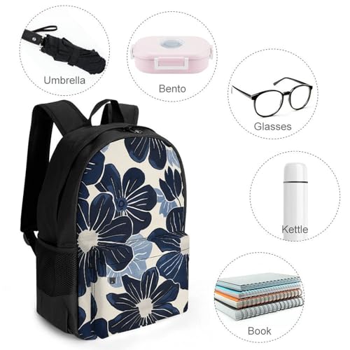 Navy Blue Flowers Casual Backpack 16.1 Inch Laptop Bag Waterproof Travel Daypack With Compartments Unisex Bookbag4
