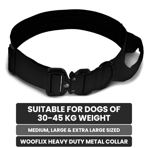 Image of Wooflix Metal Dog Collar for Training and Walks | Nylon Collar with Tactical Metal Buckle and D-Ring for Medium and Large Dogs | Dog Collar for Heavy Breed Dogs (Black T2, Large)
