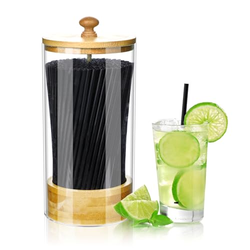 ALEXPRE Acrylic Straw Holder Dispenser for Counter,Straw Organizer with 200 Pack Black Plastic Straws and Bamboo Lid,Straw Container for Counter,Kitchen (6-Inch Height)