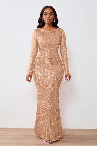 Image of VERWIN Women's Sequins Bodycon Round Neck Long Sleeve Sparkly Mermaid Maxi Dress for Casual Party Cocktail