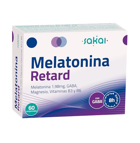 MELATONINA RETARD SAKAI | Melatonina de DOBLE LIBERACIÓN (Melotime®) | Melatonina con GABA, Magnesio, Vitaminas B3 y B6 | 60 comprimidos | Para DESCANSO NOCTURNO, JET LAG y TURNOS ROTATIVOS