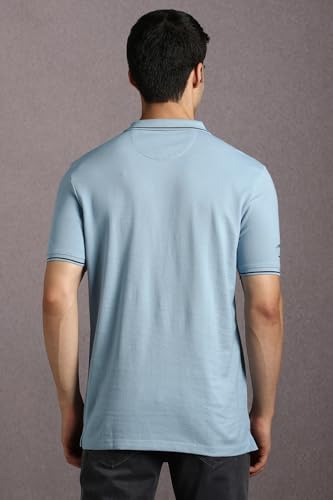 Image of Louis Philippe Men's Slim Fit Single-Tuck Pique Stylized Sleeve Print and Contrast Tipping Half Sleeve Solid Cotton Polo Tshirt