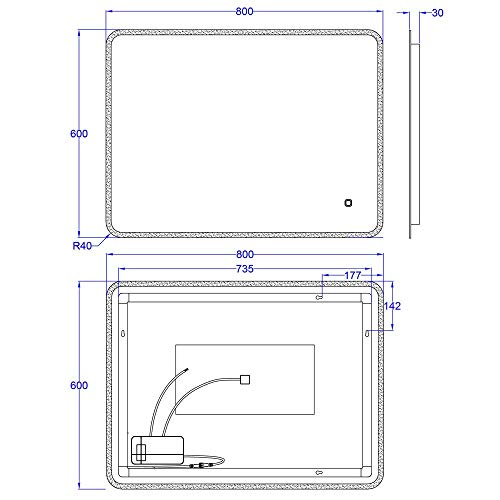 S'bagno 600 x 800 mm LED Illuminated Bathroom Mirror [IP44 Rated] Rectangular Backlit Wall Mounted Mirror with Touch Sensor Switch/Dimming Function/Demister pad
