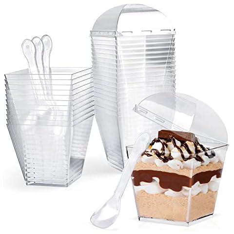 30 Pcs Dessert Cups with Lids and Spoons, 200ml/7oz Square Dessert Cups Set, Reusable Plastic Dessert Cups for Dessert with Pudding Mousse Ice Iream Cover
