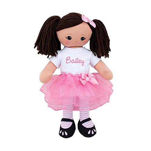 Personalized Planet Rag Doll with Custom Name Embroidered | Hispanic Girl Dressed in White Shirt, Stripped Stockings with Pink Tutu Skirt | Brown Hair with Removable Bow Clip