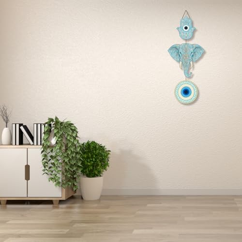 Image of GiftOday Elephant Wooden Wall Hanging for Home Kitchen Decor | Hamsa Hand Decoration for Livingroom | Modern Artworks Items | Peace Charm Door Accent Decorative Hangings Size-18 x 30 CM