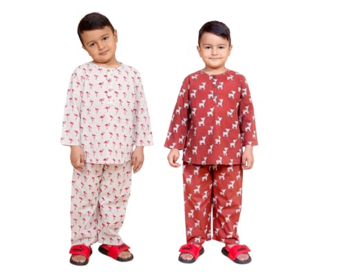 Image of Boys Cotton Night Suit | Jaipur Handblock Print Pajama Set for Kids | Boys Sleepwear | Kids Pajama Set | Baby & Toddler Sleep Suit | Combo Pack of 2
