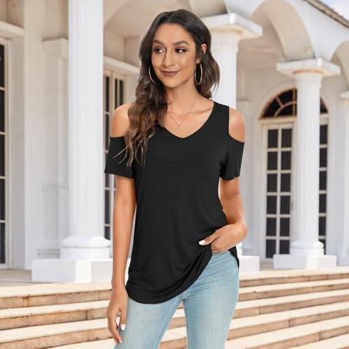 Women's Summer Casual Tops Cold Shoulder Short Sleeve Blouses V Neck Tshirts 2025 Fashion Tunics (Black, X-Large)