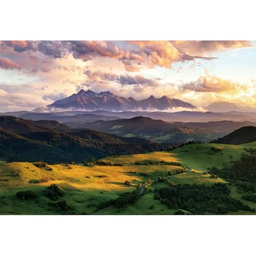 YongFoto 1,5x1m Sfondo fotografico montagna Green Hill Fiume Prateria Tramonto