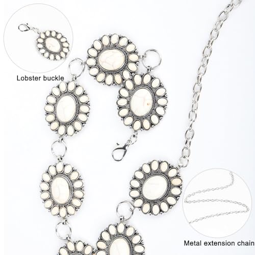 SKINFORD 2 PcsWestern Concho Belt and Earrings Oval Turquoise Chain Belt Boho Metal Waist Chain for Dresses Jeans3