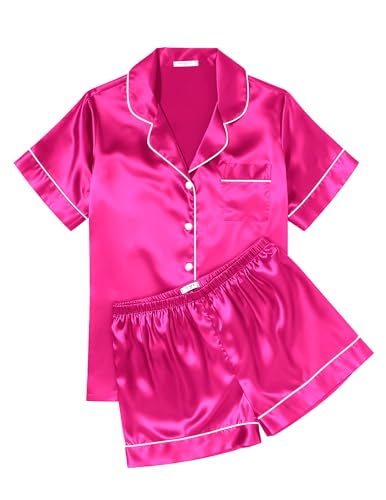Image of Ekouaer Womens Silk Satin Pajama Sets Soft Short Sleeve Button Down Sleepwear Top and Shorts 2 Piece Pjs Lounge Set